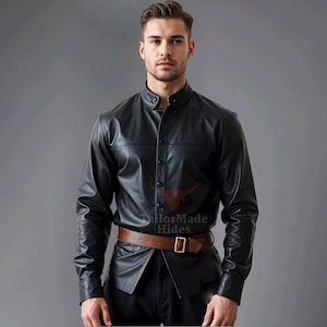 Handcrafted Sheepskin Leather Shirt - Classic Black Style - Made to Order