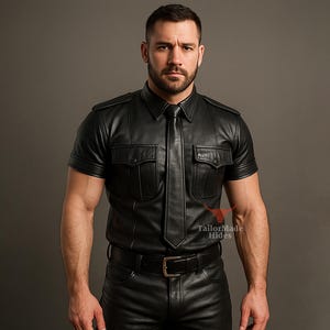 Handmade Men&#39;s Black Sheepskin Leather Shirt: Biker Style
