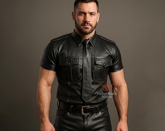 Camicia da uomo in pelle di pecora nera fatta a mano: stile motociclista