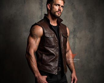 Handcrafted Cow Leather Gothic Vest - Brown Biker Costume