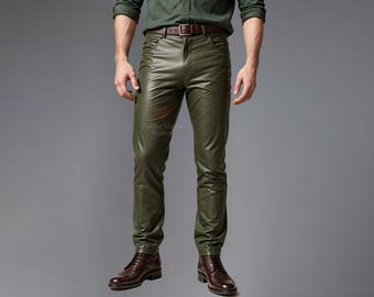 Handmade Olive Green Sheep Leather Pants - Custom Fit