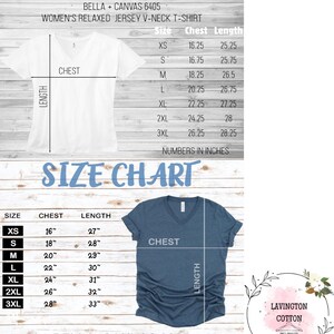 The image is a size chart for a women's relaxed jersey v-neck t-shirt. It includes measurements for chest length, chest width, and sleeve length, along with corresponding numbers in inches. The chart is designed to help customers determine the appropriate size for their desired t-shirt.