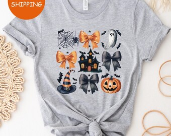 Halloween Coquette Tshirt, Halloween Pumpkin With Bows Cute Halloween Design For Halloween, Spooky Spiders Ghost Hunted House