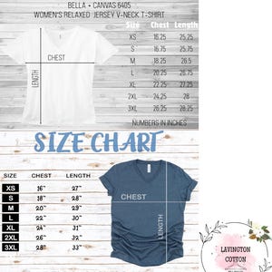 The image is a size chart for a women's relaxed jersey v-neck t-shirt. It includes measurements for chest length, chest width, and sleeve length, along with corresponding numbers in inches. The chart is designed to help customers determine the appropriate size for their desired t-shirt.