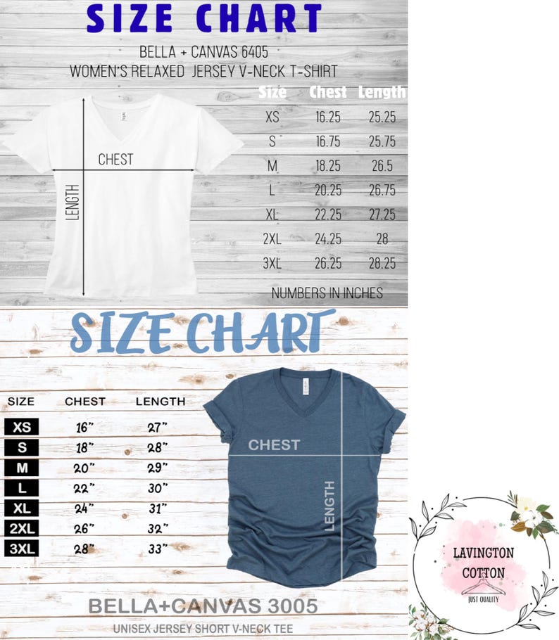 The image is a size chart for a women's relaxed jersey v-neck t-shirt. It includes measurements for chest length, chest width, and sleeve length, along with corresponding numbers in inches. The chart is designed to help customers determine the appropriate size for their desired t-shirt.