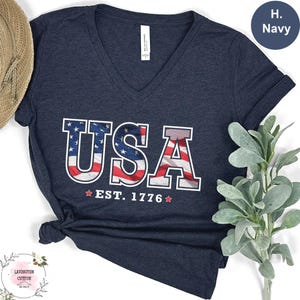 USA Est. 1776 Vneck Shirt, 4th of July America Shirt,  USA Flag Vneck Tee, Independence Day USA Vneck T-Shirt,  Red White Blue Vneck Shirt