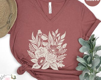 Botanical Flower V-Neck Tee: Vintage Floral Graphic