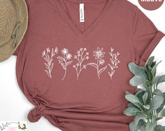 Wildflower VNeck T-Shirt, Floral Cottagecore Shirt, Nature Vneck Tee, Botanical VNeck Shirt, Motivational Faith Apparel, Mother’s Day V Neck