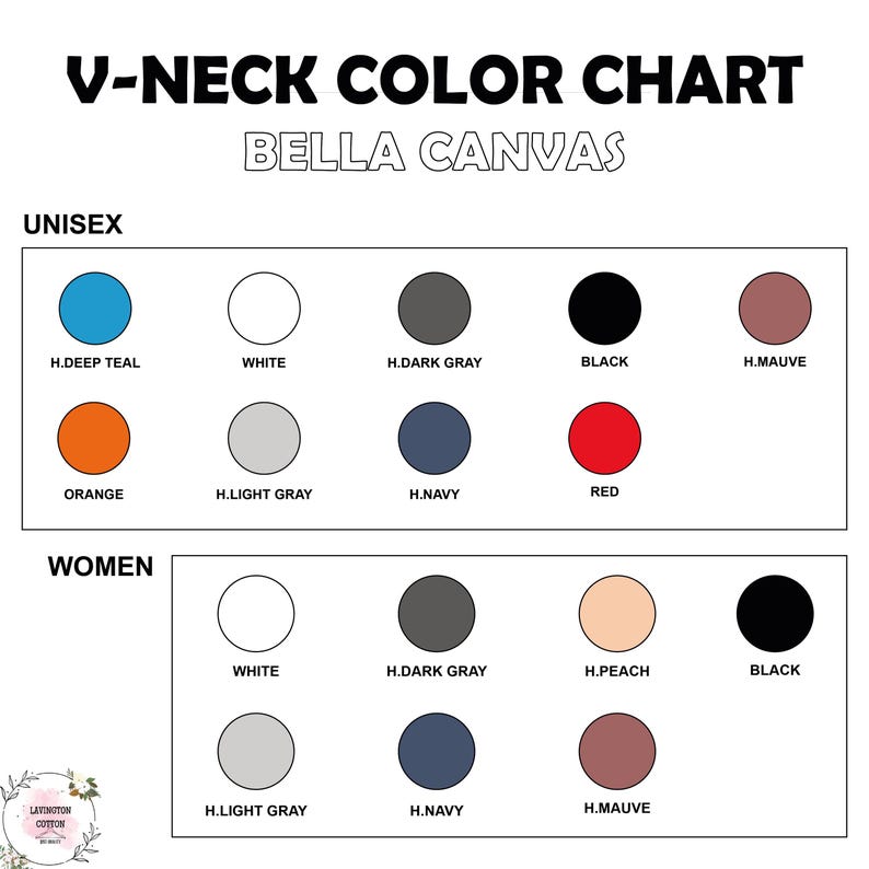 The image is a color chart for a women's clothing brand called "Bella Canvas". It displays a variety of color options for women's clothing, including different shades of white, black, orange, and navy.