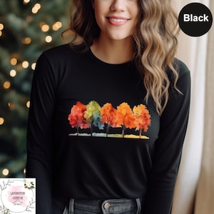 Fall Forest Long Sleeve T-Shirt, Autumn Trees Tee, Colorful Tree Shirt, Abstract Nature Shirt, Cozy Fall Tee, Thanksgiving Longsleeve Shirt
