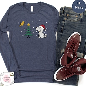 Cartoon Dog Christmas Long Sleeve T-Shirt: Retro Holiday Tree and Snow Scene Longsleeve Tee