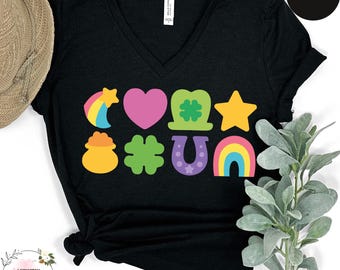 St Patrick's Day V-Neck Shirt, Rainbow Vneck Shirt, Lucky Charm VNeck Shirt, Irish Day Shirt, Happy Shamrock Shirt, Lucky V-Neck Shirt