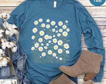 Daisy Flower Long Sleeve Shirt, Wildflowers Cottagecore Tee, Floral Botanical Longsleeve Shirt