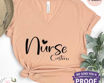 Custom Nurse Heart V-Neck Shirt, Cute Nurse T-Shirt,Nursing School Tee,Personalized Nurse Life Vneck Shirt,Custom Registered Nurse VNeck Tee