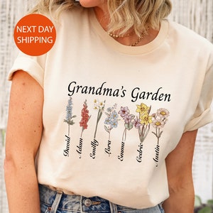 Grandma T-shirt with Custom Birth Flowers and Names, Unique Grandma Gift, Customized Birthday Gift, Grandchildren