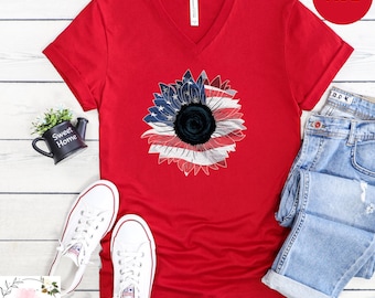 4th of July Sunflower V-Neck Shirt, Independence Day Shirts, Republican Shirt, Fourth Of July V neck Shirt, Patriotic Family VNeck Shirts