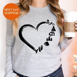 Camp Lover Long Sleeve, Camping Top, Camping Heart Long sleev, Cute Hiking Gift, Adventure Tops, Camper Shirt, Gift for Her