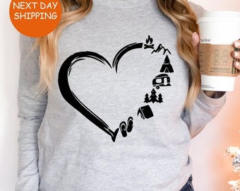 Camp Lover Long Sleeve, Camping Top, Camping Heart Long sleev, Cute Hiking Gift, Adventure Tops, Camper Shirt, Gift for Her