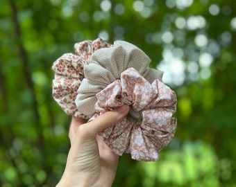 British Gardens Set of 3 Scrunchies | Handmade Fall Autumn Themed Flower Floral Scrunchies Hairbands Hair Ties Accessories, Gifts For Girls