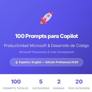 May include: A blue graphic with the text "100 Prompts para Copilot" and "Productividad Microsoft & Desarrollo de Código." A cartoon rocket ship is at the top. The graphic also includes the text "Español / English - Edición Profesional 2026."