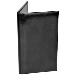 May include: A black leather menu holder, open to display the interior. The holder has a smooth, matte finish and a simple, professional design. The edges are neatly stitched, and the overall shape is rectangular.