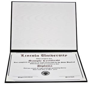 May include: Open black diploma holder with a white interior. A sample certificate from Lincoln University is displayed, featuring text in a classic font. The certificate includes the date "This 32nd Day of Mar. 2010".