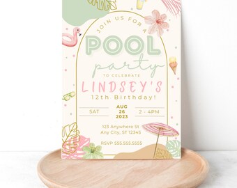 Vintage Pool Party Birthday Invitation, Modern Simple Chic Pool Party Birthday Invite, Tropical Pool Party Girl, Editable Digital Download