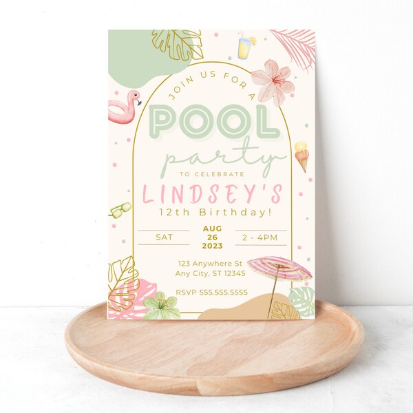 Vintage Pool Party Birthday Invitation, Modern Simple Chic Pool Party Birthday Invite, Tropical Pool Party Girl, Editable Digital Download
