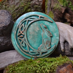 Moon gazing Hare Indoor wall plaque. Hare Sculpture. Handmade Original Pagan Celtic sculpture. Lunar Hare Wall hanging wicca Art relief tile