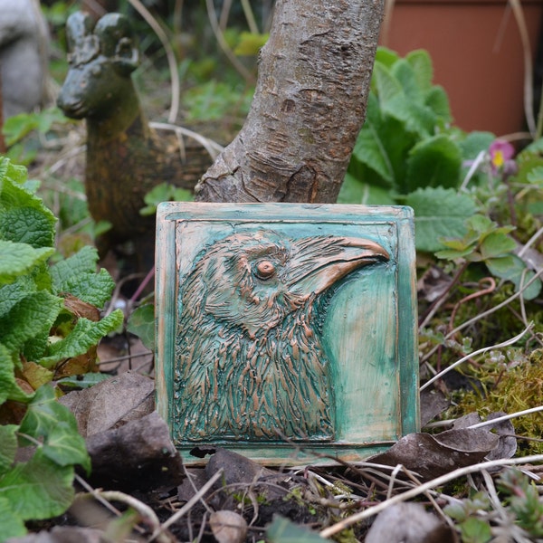 Raven Indoor Wall Hanging, Art relief tile. Pagan Mythology Gothic Handmade original sculpture Crow Death Bird