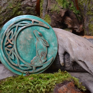 Moon gazing Hare Indoor wall plaque. Hare Sculpture. Handmade Original Pagan Celtic sculpture. Lunar Hare Wall hanging wicca Art relief tile
