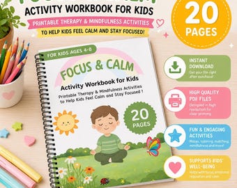 集中力と落ち着きを高める子供向けワークブック（印刷可能）｜4～8歳のお子様向けマインドフルネスアクティビティ｜感情調整と集中力エクササイズ｜セラピーワークシート（PDF）