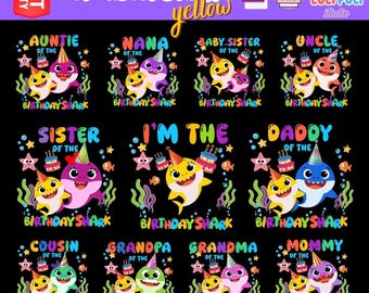 Paquete de imágenes prediseñadas de tiburones para cumpleaños familiares, paquete familiar SVG PNG - Imágenes prediseñadas de tiburones adorables, decoraciones para fiestas de cumpleaños con tiburones, archivos del paquete familiar de tiburones