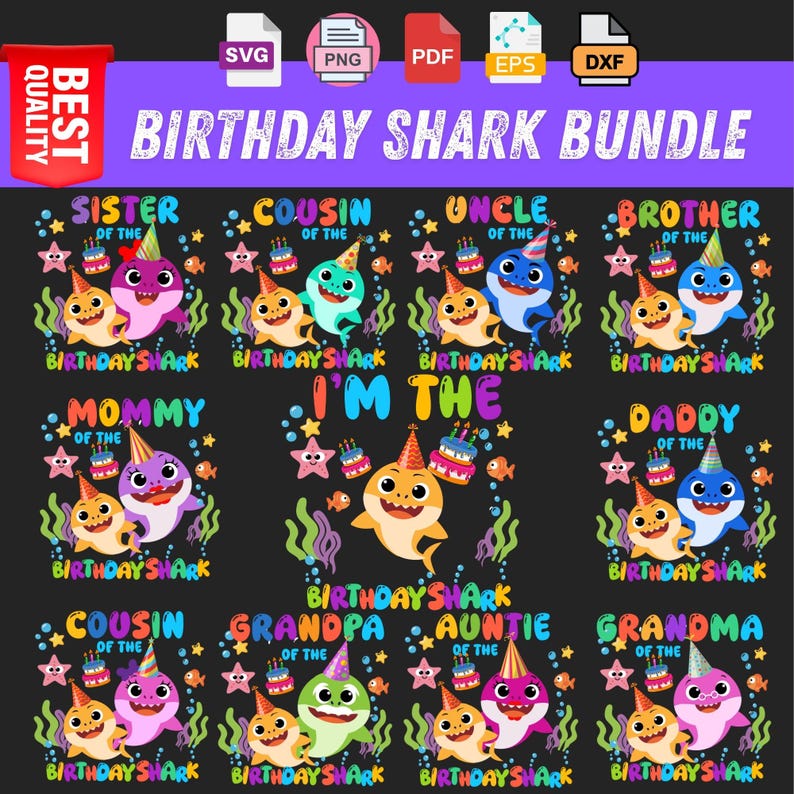 Paquete de imágenes SVG y PNG de tiburones para cumpleaños familiar, ideales para camisetas de fiesta, conjuntos familiares a juego con temática oceánica, imágenes prediseñadas para sublimación y regalo para el cumpleaños de un hermano. imagen 1