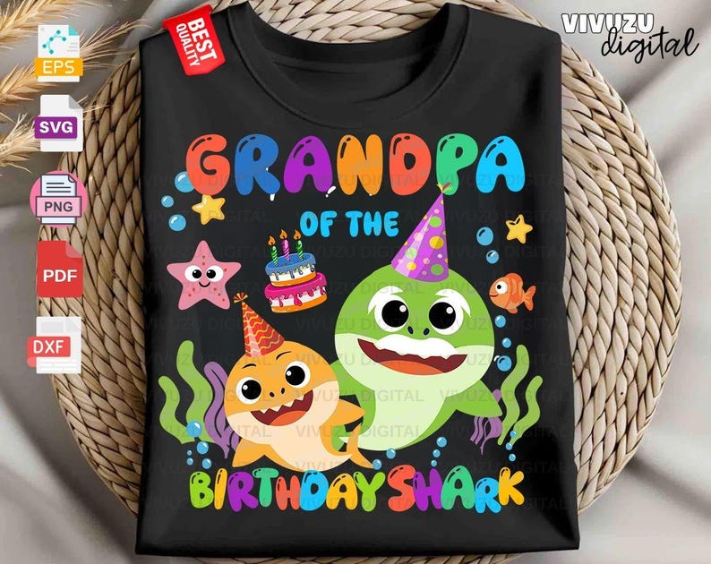 Paquete de imágenes SVG y PNG de tiburones para cumpleaños familiar, ideales para camisetas de fiesta, conjuntos familiares a juego con temática oceánica, imágenes prediseñadas para sublimación y regalo para el cumpleaños de un hermano. imagen 8