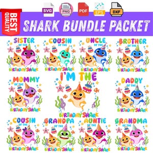 Puede incluir: Un paquete de gr&aacute;ficos digitales que presenta m&uacute;ltiples ilustraciones de tiburones con gorros de fiesta, pasteles de cumplea&ntilde;os y elementos submarinos. Cada tibur&oacute;n est&aacute; etiquetado con t&iacute;tulos familiares como Hermana, Primo, T&iacute;o, Hermano, Mam&aacute;, Pap&aacute;, Abuelo, T&iacute;a y Abuela.