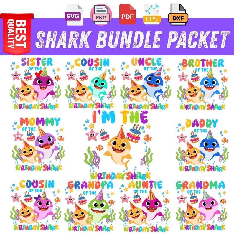 Puede incluir: Un paquete de gr&aacute;ficos digitales que presenta m&uacute;ltiples ilustraciones de tiburones con gorros de fiesta, pasteles de cumplea&ntilde;os y elementos submarinos. Cada tibur&oacute;n est&aacute; etiquetado con t&iacute;tulos familiares como Hermana, Primo, T&iacute;o, Hermano, Mam&aacute;, Pap&aacute;, Abuelo, T&iacute;a y Abuela.