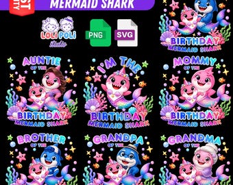 Sirena Tiburón para Cumpleaños Familiar, Paquete Familiar SVG y PNG Imágenes prediseñadas de Sirena Tiburón, Decoraciones para Fiesta de Cumpleaños de Tiburones, Archivos del Paquete Familiar de Tiburones