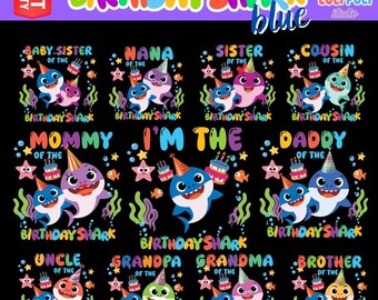 家族の誕生日用サメのSVG PNGバンドル（パーティーシャツ、海のテーマの家族お揃い衣装、昇華プリント用クリップアート、兄弟の誕生日プレゼント用）