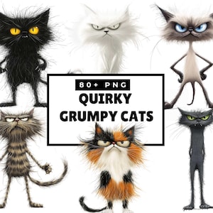 Puede incluir: Una colección de ilustraciones de gatos gruñones y extravagantes en varios colores y poses. La imagen incluye un gato negro con ojos amarillos, un gato blanco, un gato siamés, un gato atigrado, un gato calicó y un gato gris oscuro. El texto dice "80+ PNG QUIRKY GRUMPY CATS."