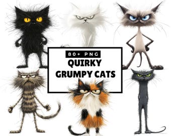 May include: A collection of quirky, grumpy cat illustrations in various colors and poses. The image includes a black cat with yellow eyes, a white cat, a Siamese cat, a tabby cat, a calico cat, and a dark gray cat. Text reads "80+ PNG QUIRKY GRUMPY CATS."