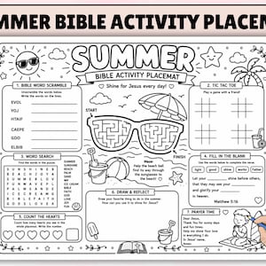 Summer Bible Activity Placemat, Christian Coloring Mats, Kids Bible Activities for Sunday School Crafts and VBS Coloring Craft Printable