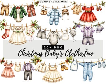 Christmas Baby Clothesline Clipart, My First Christmas Newborn Holiday PNG, Watercolor Graphics Boy Girl, Digital Download, Commercial Use