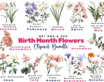Geboortemaand bloemen Svg, verjaardag bloem Svg, geboortemaand bloem Png bundel, botanische Clipart, aquarel antieke bloemen, Instant Download