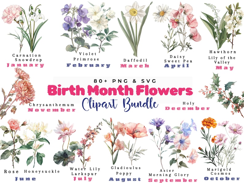Birth Month Flowers Svg, Birthday Flower Svg, Birth Month Flower Png Bundle, Botanical Clipart, Watercolor Antique Floral, Instant Download