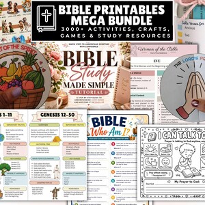 May include: A digital collection of Bible printables featuring activity sheets, study guides, and games. The bundle includes pages titled Bible Study Made Simple, Genesis 1-11, Genesis 12-50, Bible Who Am I, and I Can Talk To God, alongside fruit and prayer illustrations.