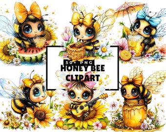 Bundle de cliparts aquarelle abeille, abeilles mignonnes Png, art numérique de printemps, clipart bourdon à télécharger
