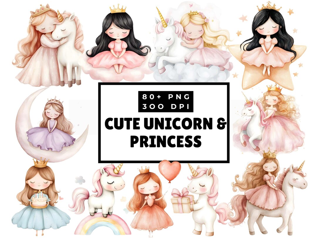 Cute Unicorn and Princess Pink Clipart for Watercolor Crafts and Fairy ...