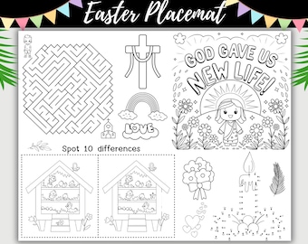 Christian Easter Placemat – Printable Bible Word Search, Resurrection Story Craft, Coloring Activities, and Fun Games for Sunday School Kids