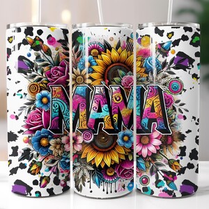 Mama Cow Print Tumbler Wrap, Sunflower Boho Floral, Retro Leopard Western PNG, Tumbler Sublimation Download, 20Oz Skinny Sublimation Design